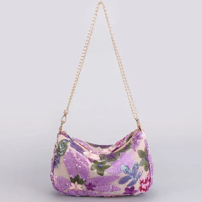 Borse a tracolla da donna con ricamo floreale carino Catene con paillettes alla moda Borsa a tracolla Borsa da spiaggia casual estiva Borsa e portamonete Hobos