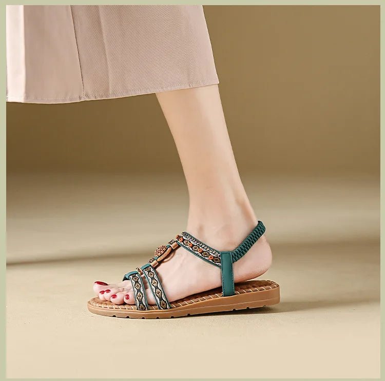 Elegante Damen-Sommersandale im Bohemian-Stil, rutschfest, bequem, für Alltag, Urlaub, flache Strandschuhe