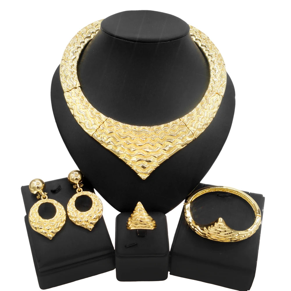 Ensemble de bijoux pour femme Italie Dubaï Plaqué or Collier rond Boucles d'oreilles style simple Bracelet Cadeau femme Bijoux