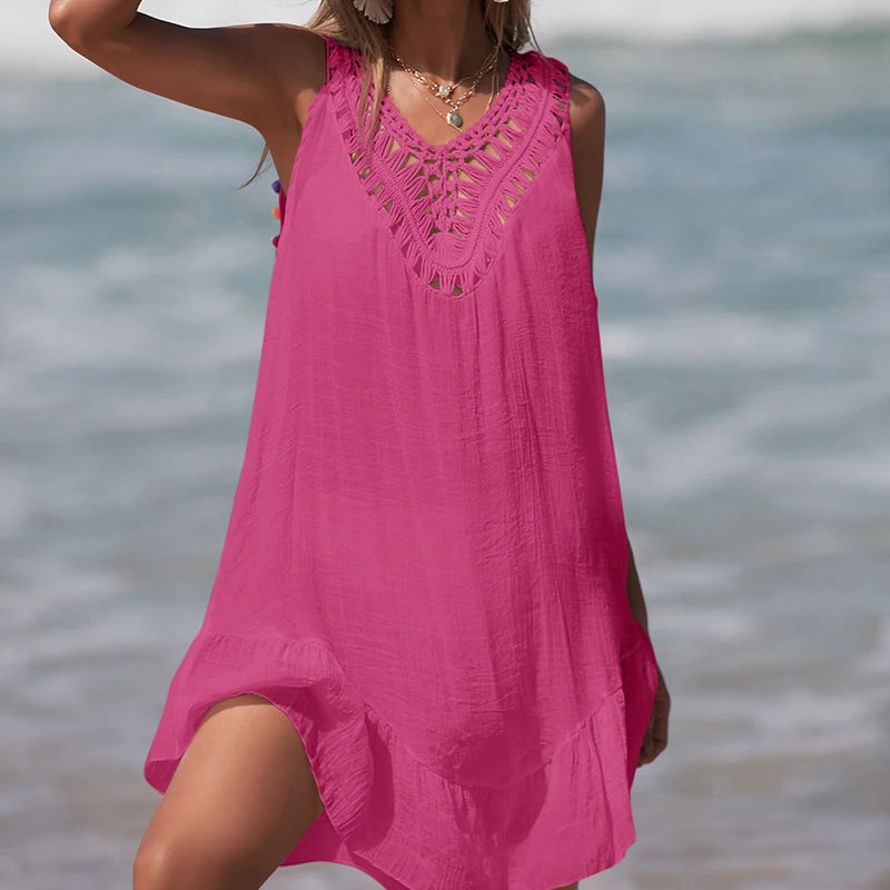 Abito corto da donna con scollo a V senza schienale scollato Abito corto con orecchio in legno con giunture all'uncinetto con palline colorate Copricostume da spiaggia