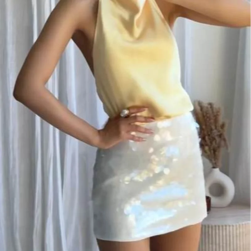 Sexy paillettes volant mini abito fionda donna solido scollo a V senza maniche backless abiti a trapezio 2025 estate signora chic abiti da festa