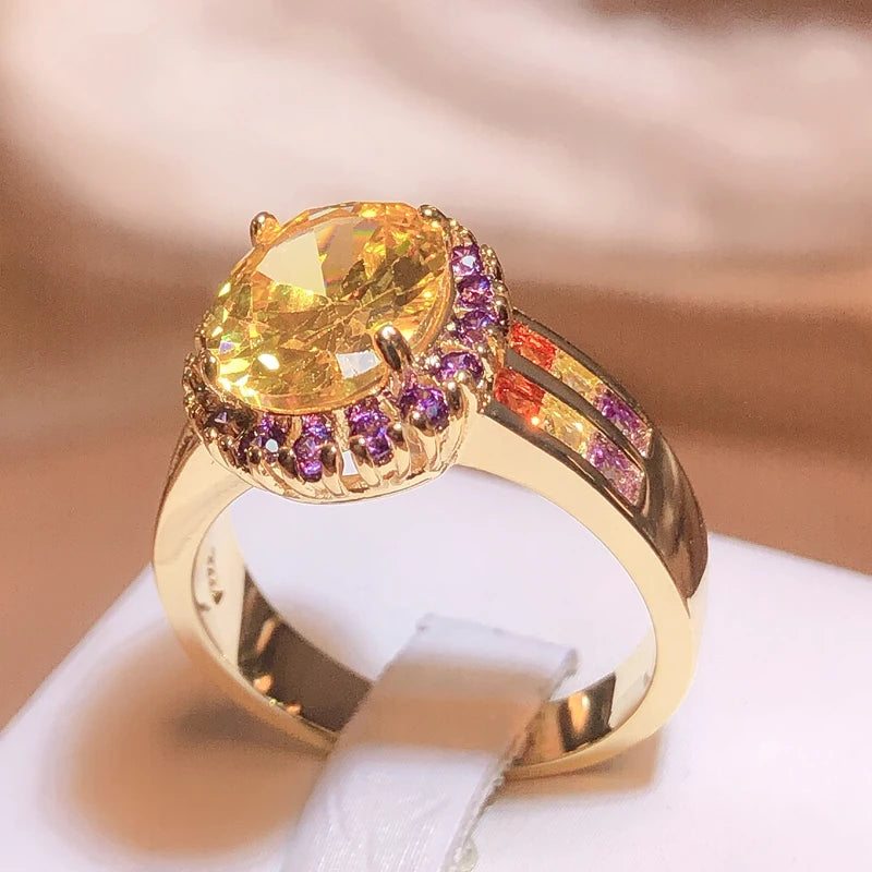 Trendy Citrine Ring for Women Geometry 925 Stamp Fine Jewelry with Oval Gemstones Blue Yellow Pink Zircon Rings Party