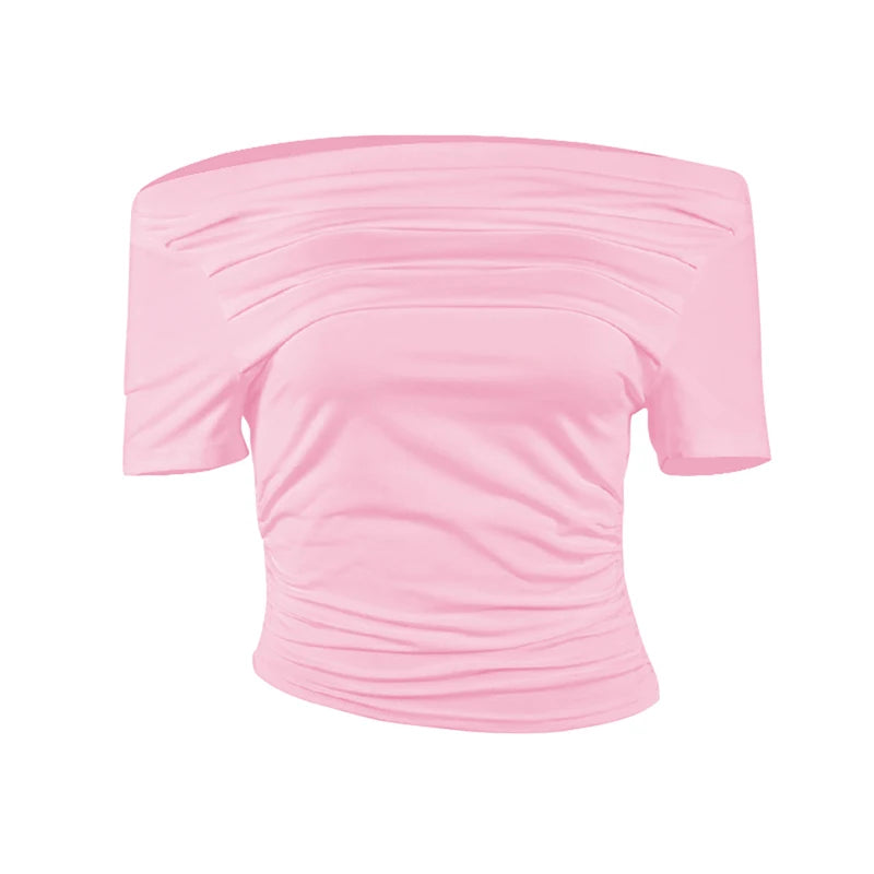 Summer New Women T-shirt Sexy Short Sleeve Solid Fashion Tees Slash Neck Folds Crop Top Casual Streetwear Bodycon Female T-shirt