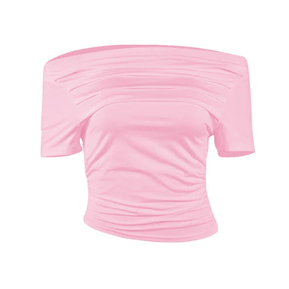Summer New Women T-shirt Sexy Short Sleeve Solid Fashion Tees Slash Neck Folds Crop Top Casual Streetwear Bodycon Female T-shirt