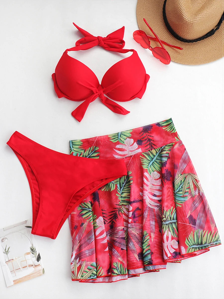 Costume da bagno tropicale a 3 pezzi con bikini halter push-up e camicia da spiaggia, per donna, collezione 2026