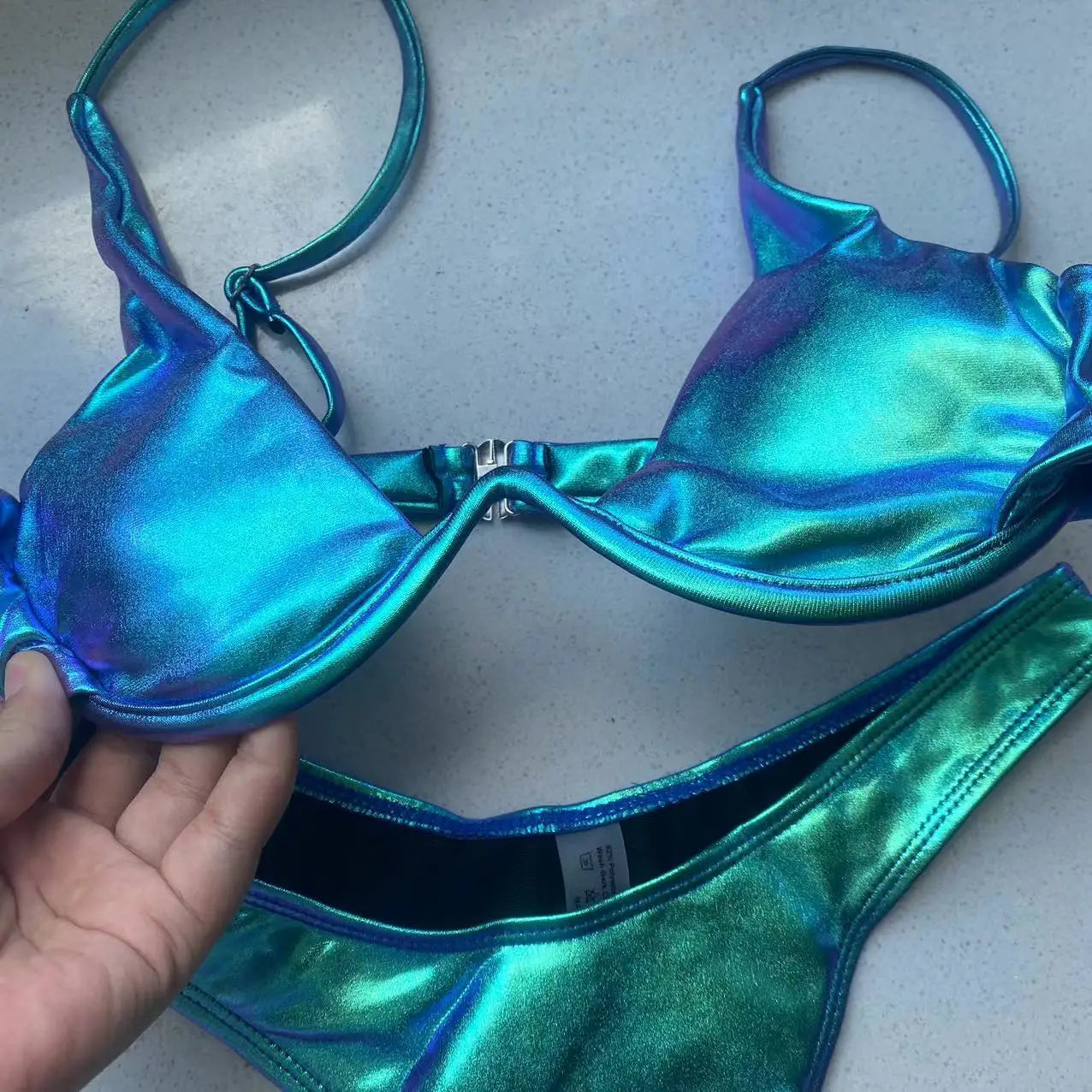 Maillot de bain bikini triangle sexy 2022 holographique bleu push up string extrême brésilien bandage maillot de bain micro bikini