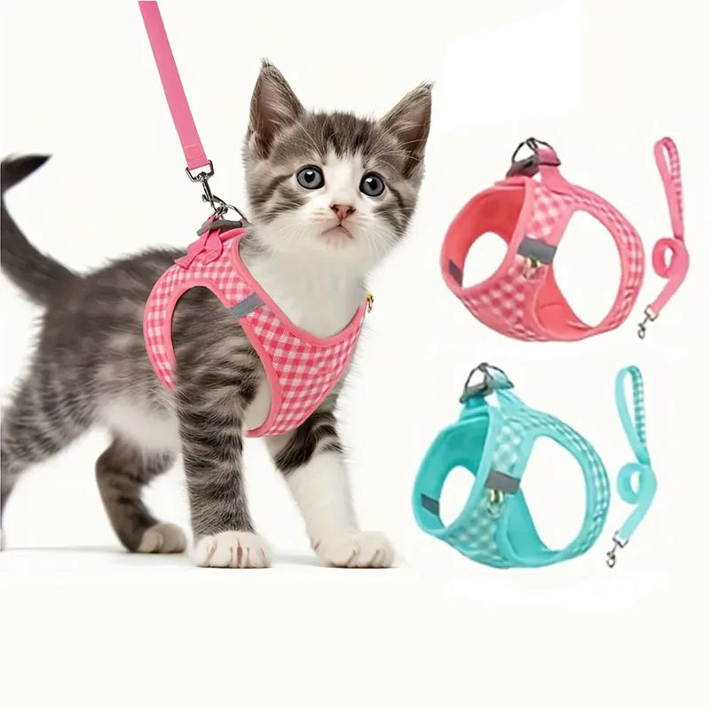 Tuta per gatti, Tessuto traspirante con motivo scozzese, Accessori metallici durevoli con strisce riflettenti, Lavabile a mano, Fibra di poliestere, Adatto per la maggior parte dei gatti, Forniture per animali Accessori per g