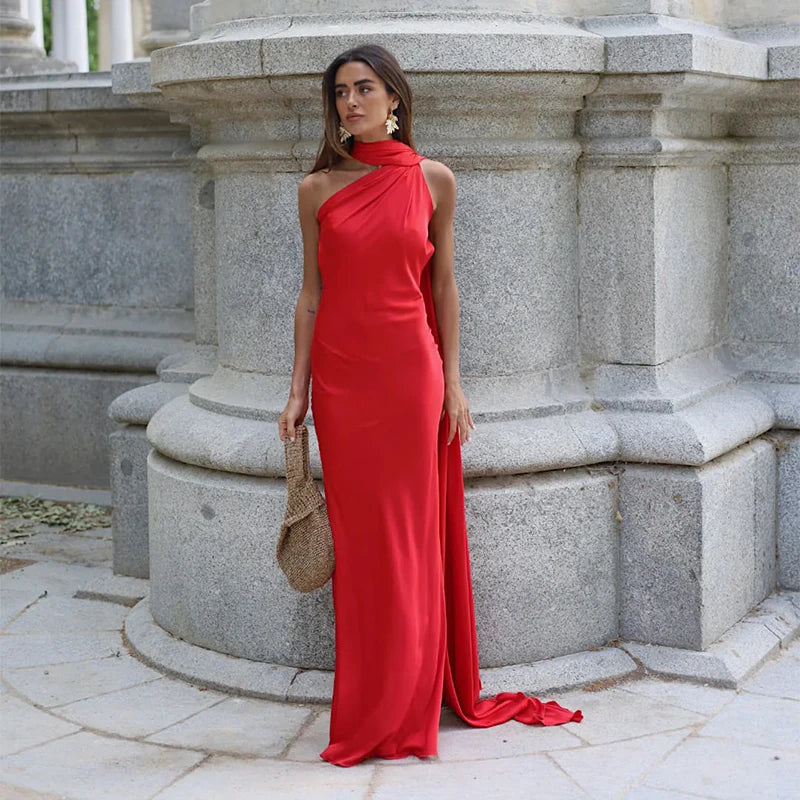 Sciarpa a nastro Halter Abito da donna Spalla inclinata Raso di seta Slim Fit Streamer Grandi abiti sexy senza schienale Abiti lunghi da donna Estate