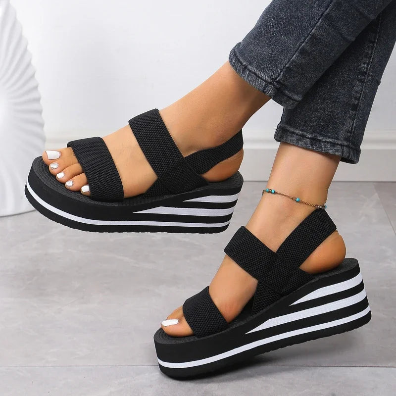 Damen-Sommersandalen, Keilsandalen, lässige Plateau-Sandalen, Knöchelriemen-Sandalen, leichte Damenschuhe in Unifarben
