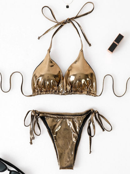 Lady's 2025 Summer Hot 3 pezzi vestito in pelle oro lucido costume da bagno bikini brasiliano con mini gonna increspata abiti da spiaggia sexy