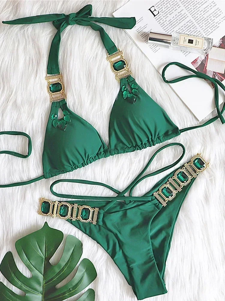 Maillot de bain bikini sexy dos nu en cristal diamant 2025 Femme Maillot de bain femme Maillot de bain brésilien Ensemble bikini deux pièces Maillot de bain triangle
