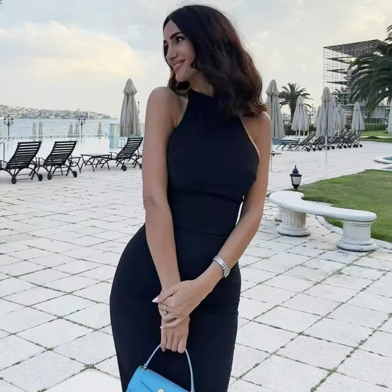HXAO Abito da donna blu con scollo all'americana Estate Donna 2025 Abiti da sera eleganti da ballo con volant Abito lungo senza schienale Abiti di moda