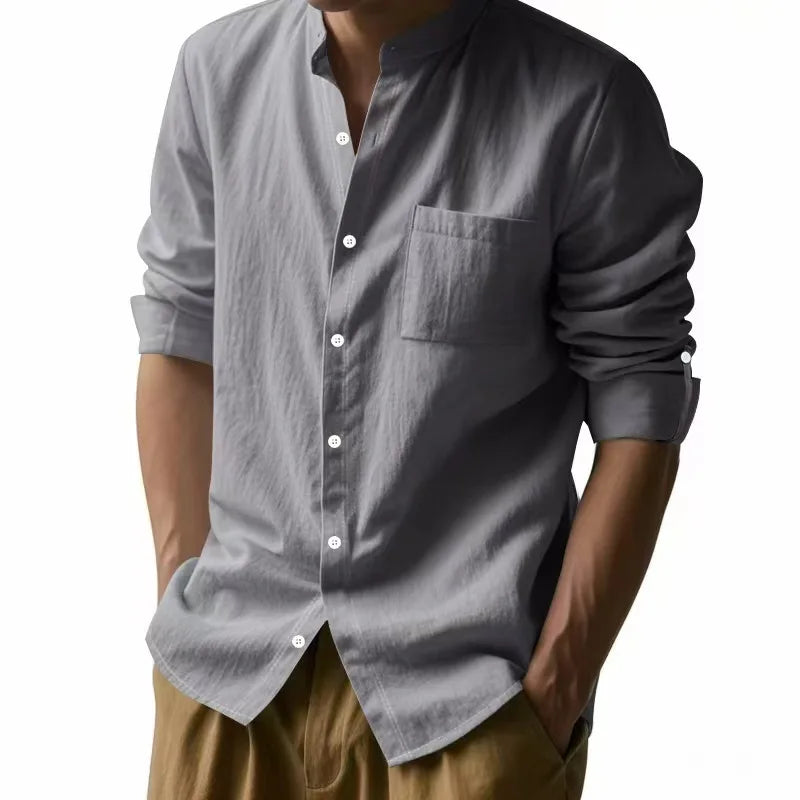 Camicia in cotone e lino da uomo, collo Henley, tinta unita, leggera, traspirante, vestibilità slim, abbottonatura singola, maniche lunghe.