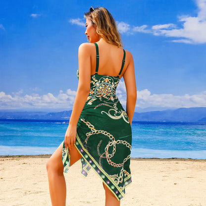 2025 New Underwire Women Sexy Swimsuit 2 Pieces Swimwear Slim Monokini Chains Print Push Up Bikinis Black Blue Green Beachwear