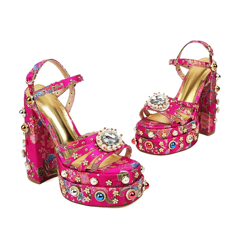 Neue Damen Sommer Plateau Sandalen wasserdicht dicker Boden Wasser Diamant Perle Niete Blume Satin offene Spitze High Heels groß