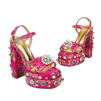 Neue Damen Sommer Plateau Sandalen wasserdicht dicker Boden Wasser Diamant Perle Niete Blume Satin offene Spitze High Heels groß