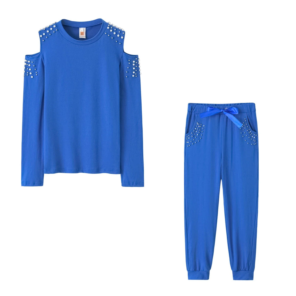 Set da 2 pezzi da donna, collezione Europa 2026, top sexy con perline e colletto rotondo in tinta unita + pantaloni sportivi lunghi, abiti autunnali, dropshipping ZXP9596