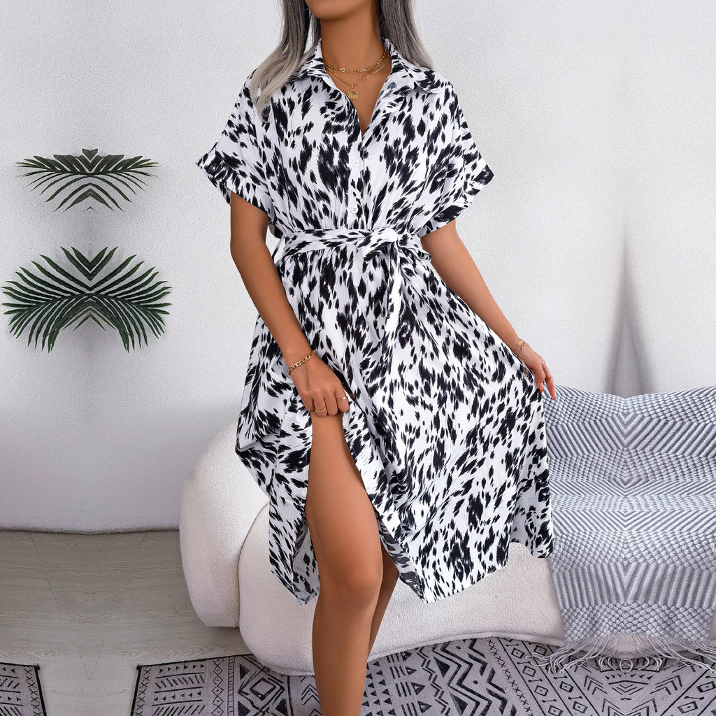 Ficusrong donna estate Casual allentato leopardo Lace Up camicia vestito per le signore moda tutti abbinati abiti Chic