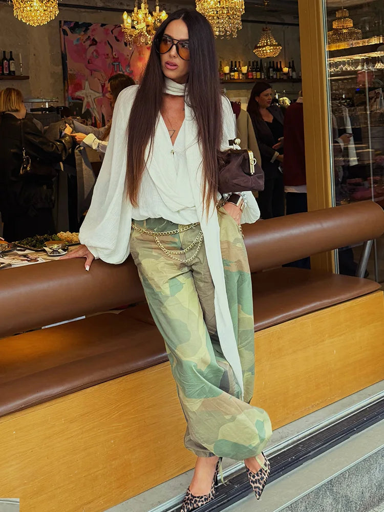 Pantaloni da donna con stampa mimetica, vita con coulisse, gamba larga, taglio ampio, orlo con coulisse, vestibilità comoda, pantaloni casual, streetwear, nuova moda 2026