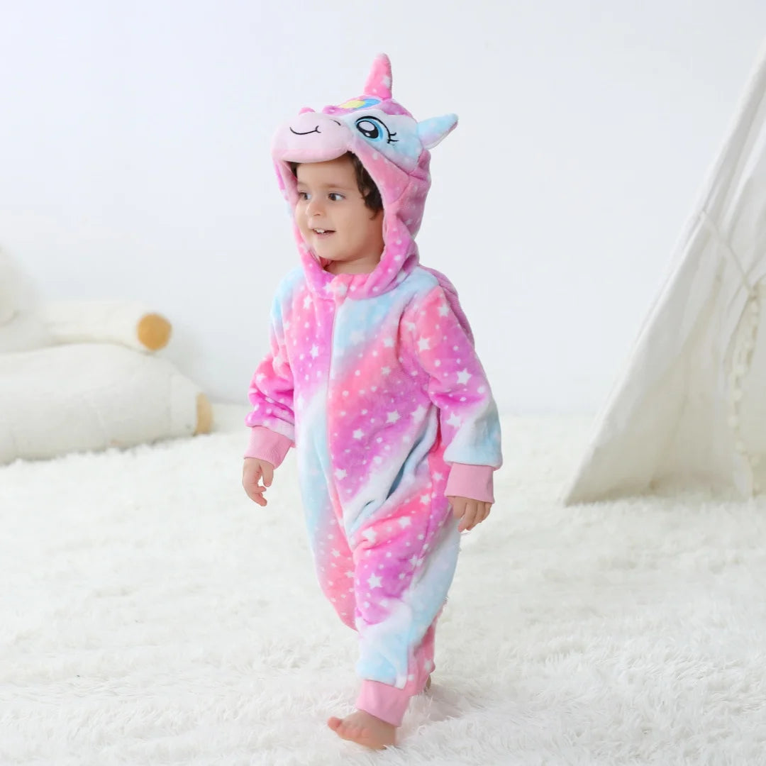 Tute per bambini unicorno con cappello Pagliaccetti per bambini in flanella per ragazzi e ragazze Tute intere a maniche lunghe Pigiama intero morbido e traspirante
