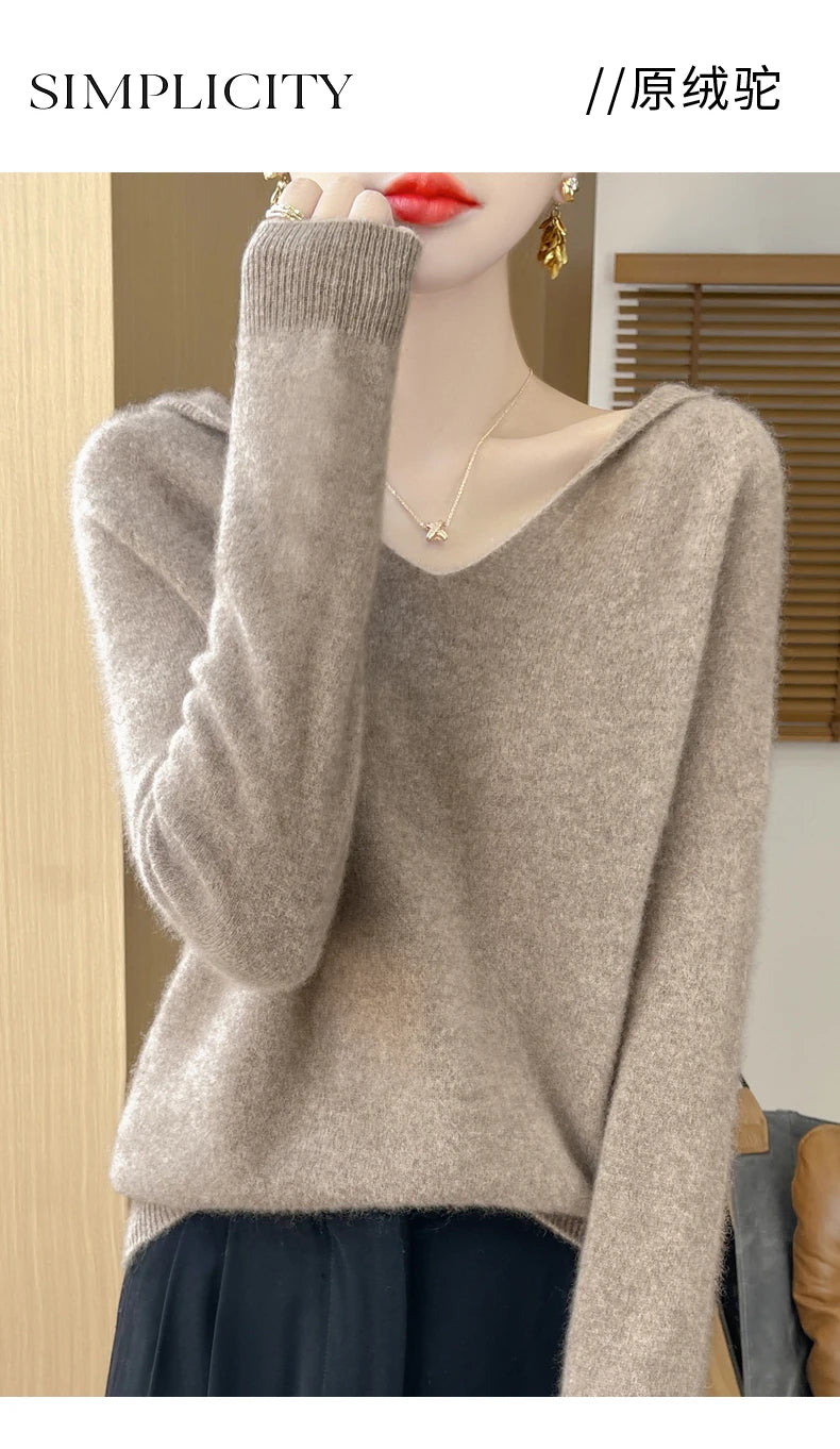 Abbigliamento donna autunno inverno colletto con cappuccio pullover maglione di lana merino 100% nuova moda top in cashmere che tocca il fondo maglieria morbida