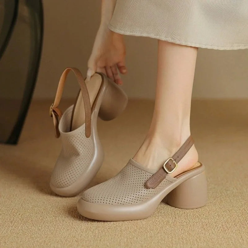 Sandali estivi Punta tonda Scava fuori Sandali con tacco alto per donna Sandali con plateau Zapatos Mujer Tacco grosso Scarpe di pelle di pecora Verde