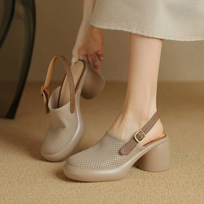Sandali estivi Punta tonda Scava fuori Sandali con tacco alto per donna Sandali con plateau Zapatos Mujer Tacco grosso Scarpe di pelle di pecora Verde