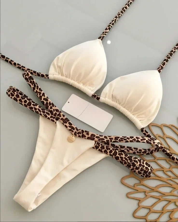 Summer Print Sexy Bikini Sets Halter Lace-up Tops Thongs Beach Style Bathing Suit Y2k Swimsuits Women Beachwear Fashion New