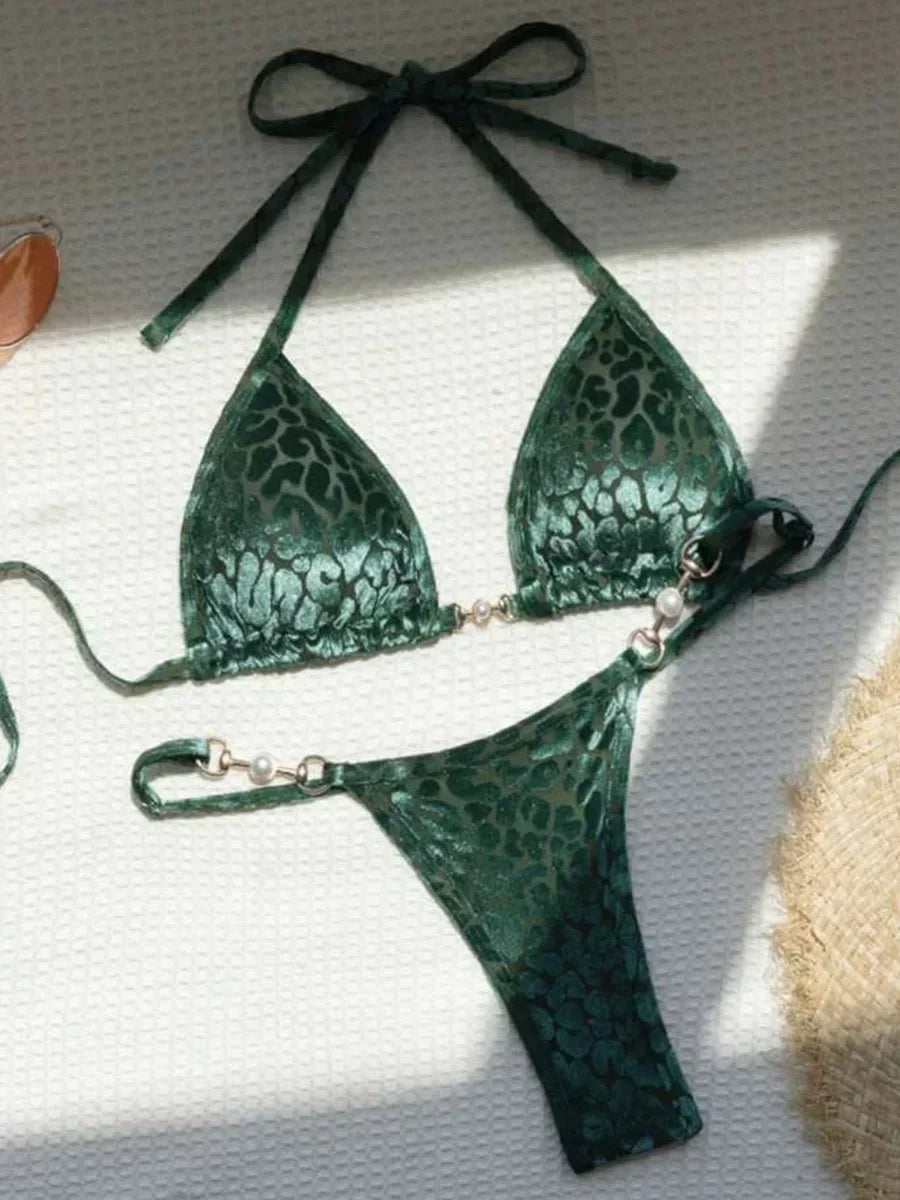 Sexy Leoparden Samt Bikini Mini Micro Tanga Bikinis Damen Bademode Weiblicher Badeanzug Zweiteiliger Bikini Set Neckholder Badeanzug Schwimmen