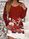 Abito natalizio rosso da donna Casual Natale Pupazzo di neve Fiocco di neve Stampa Mini abito Manica lunga O-Collo Abito da donna autunnale