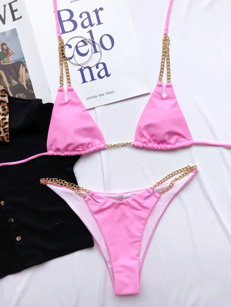 Micro Bikini Sexy 2026 Nero Solido con Reggiseno Push-Up e Cinghie Metalliche, Costume da Bagno Brasiliano, Perizoma, Biquini