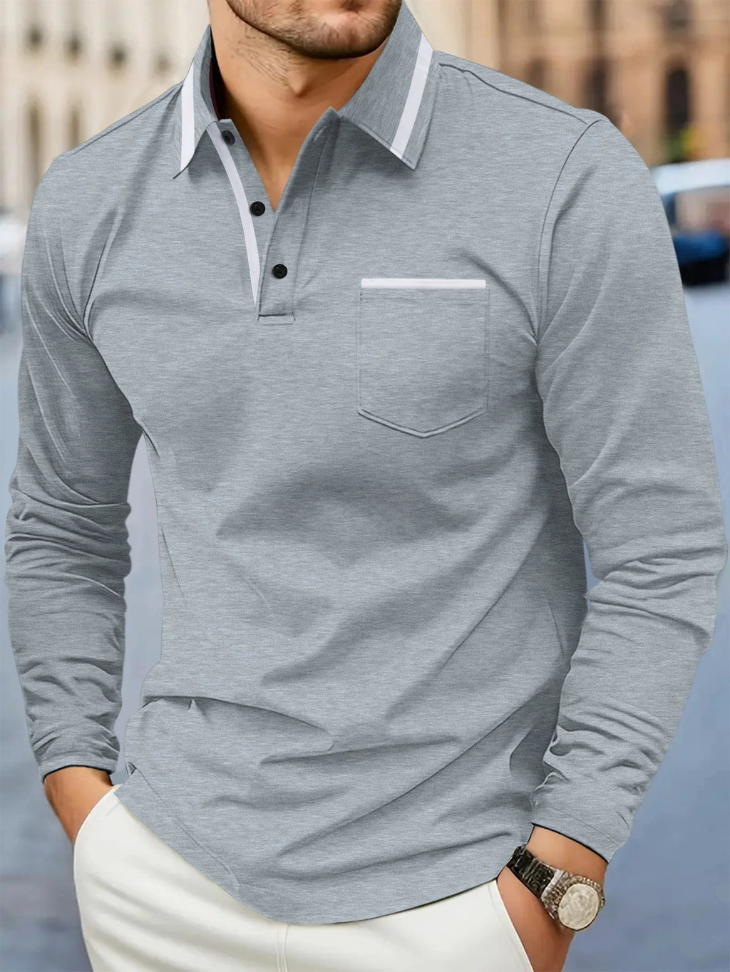 Maglia da Golf da Uomo Primaverile e Autunnale Best-Seller, con Colletto e Tasca, Comoda, Casual, Sportiva, Tinta Unita, a Maniche Lunghe, Traspirante