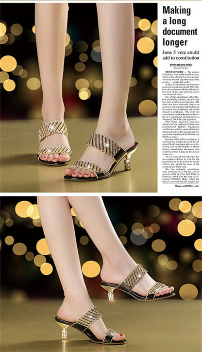2024 nuove donne estate moda Comfort sandali eleganti oro una parola diamante tacco a spillo sandali con strass tacco medio