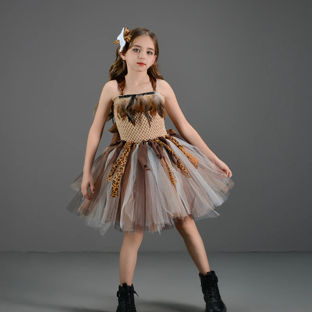 Costume da grotta per ragazze per bambini Vestito da tutu di Halloween Uomo selvaggio Bambino Cosplay Compleanno Giungla Carnevale Abiti da festa Vestito da tutù fantasia