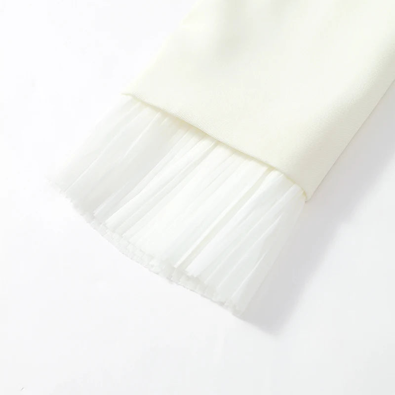 Completo di Top Corto e Gonna Midi in Tulle Bianco, Lussuoso, con Scollo a V, Maniche Lunghe a Sbuffo, Vestibilità Slim, Collezione Primavera 2026, per Appuntamenti e Ufficio