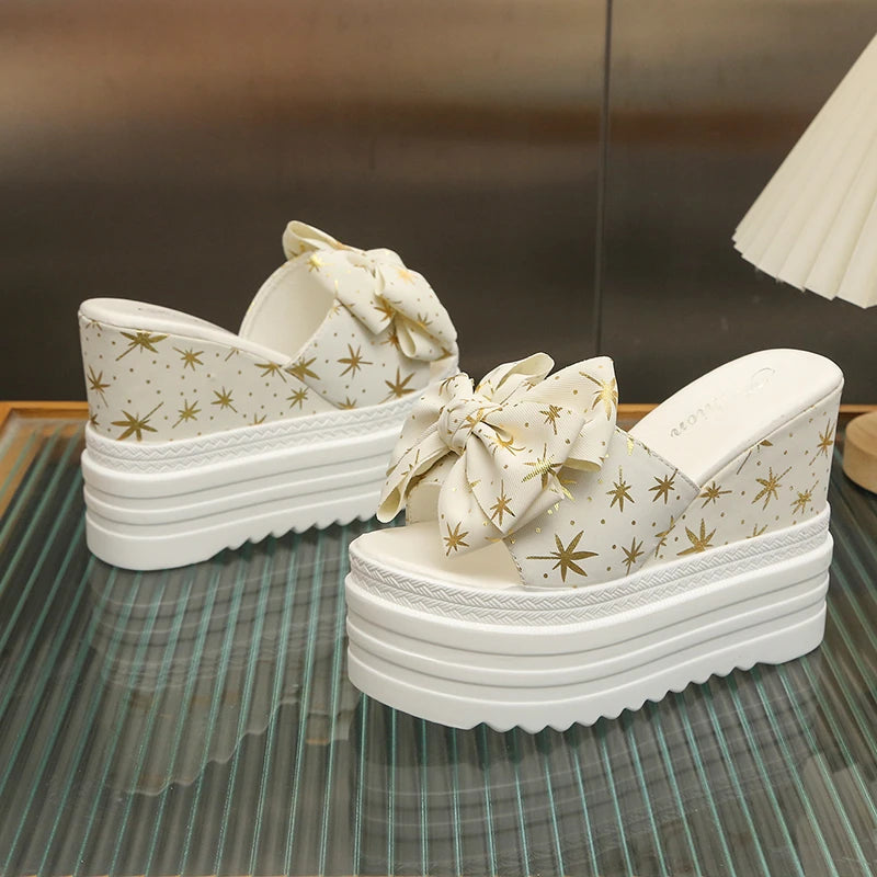 LazySeal 12 cm Super High Women Slides Sandalo Farfalla Nodo Dec Scarpe da sposa da donna Modello foglia d'acero Nuova piattaforma Scarpe estive