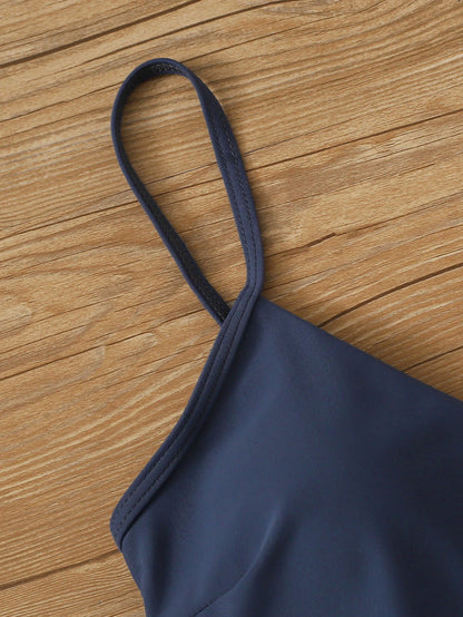 Damen-Wickel-Bikini-Set mit V-Ausschnitt – einfarbiges Oberteil und tropischer Palmenmuster-Slip, zweiteiliger High-Cut-Badeanzug mit Spaghettiträgern für den Strand