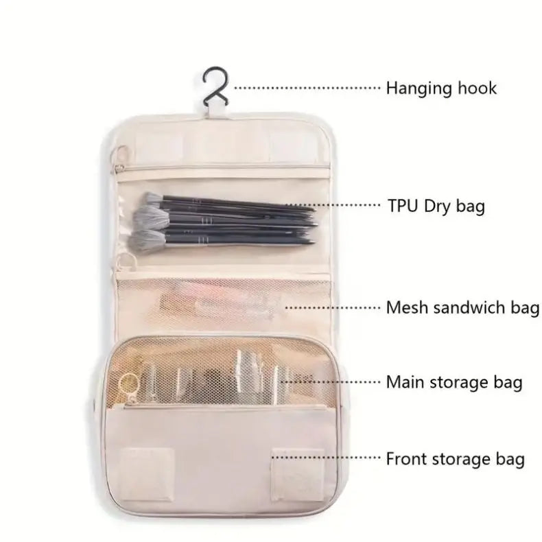 Borsa da Toilette Portatile con Gancio, Multifunzionale, Impermeabile, Resistente all'Usura, Multi-Strato, Grande Capacità, per Trucchi