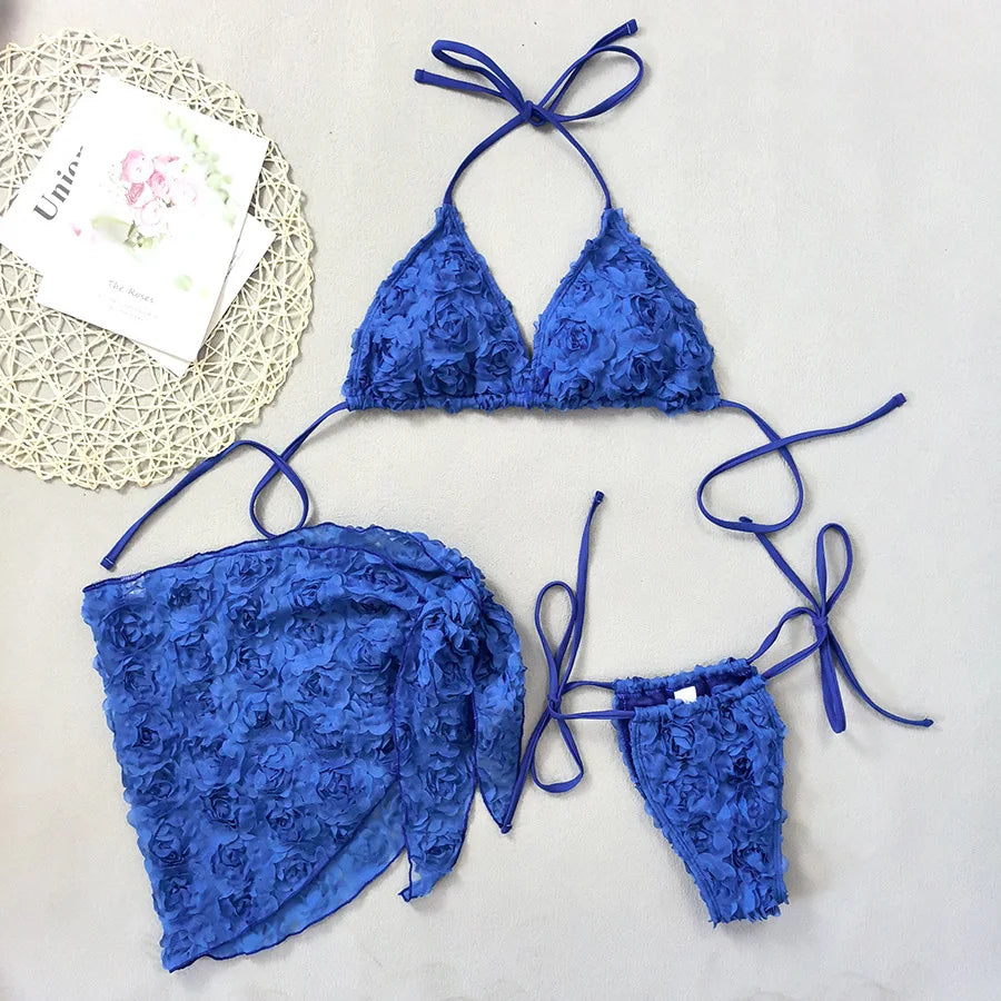 Women's Sexy 3 Piece Bikini Set 3D Flower Beach Skirt Swimsuit Pure Pink Triangle Halter Backless Thong Swimwear 2025 Summer New