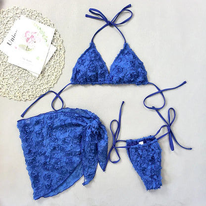 Women's Sexy 3 Piece Bikini Set 3D Flower Beach Skirt Swimsuit Pure Pink Triangle Halter Backless Thong Swimwear 2025 Summer New