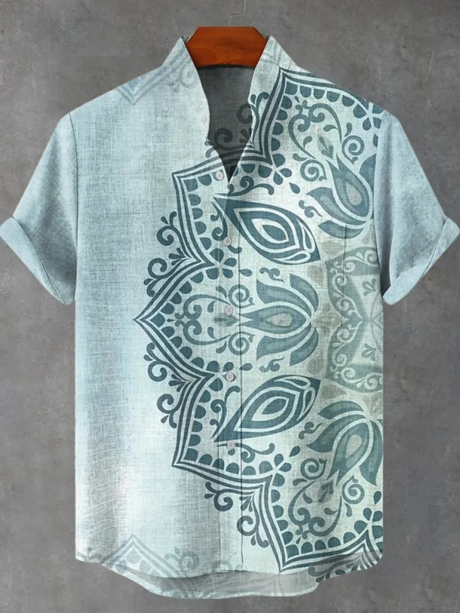 2025 Camicia a maniche corte con motivo floreale mandala da uomo Camicia estiva vintage nuova in lino Manica corta da uomo per il tempo libero Vacanza Streetwea