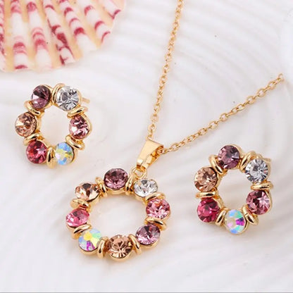 Set di orecchini con collana in oro da 3 pezzi, celebrità da donna, stile semplice e alla moda, squisiti gioielli a forma di cerchio con diamanti in vetro colorato