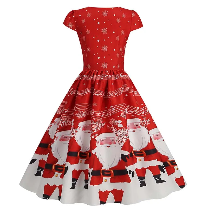 Abiti natalizi per donna Winter Pinup Rockabilly Abito da festa sexy cosplay Abito da ballo da cocktail con stampa di neve di Babbo Natale