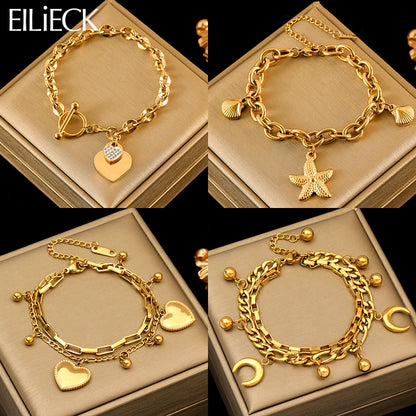 EILIECK Bracciale con ciondolo stella marina luna stella color oro in acciaio inossidabile 316L per le donne Nuovo regalo di gioielli con catena da polso alla moda