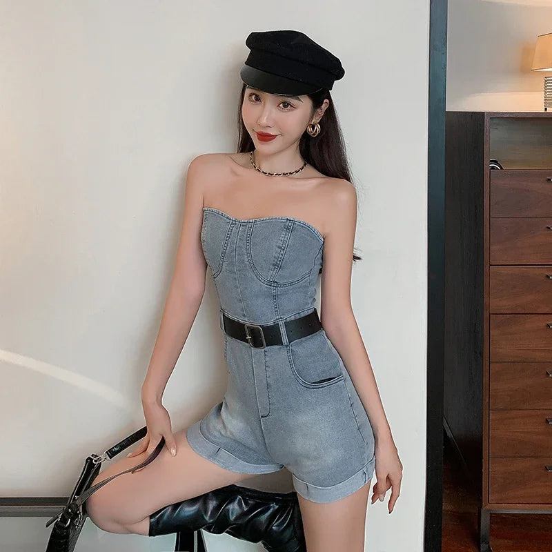 2024 pagliaccetti estivi donna jeans tuta con spalle scoperte allentate casual pagliaccetti di jeans tute da donna gamba larga tuta di jeans casual