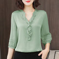 Camicia da donna primaverile ed estiva, scollo a V con maniche a tre quarti, vestibilità ampia e aderente, top con volant, DF3732