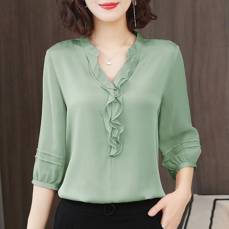 Camicia da donna primaverile ed estiva, scollo a V con maniche a tre quarti, vestibilità ampia e aderente, top con volant, DF3732