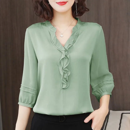 Camicia da donna primaverile ed estiva, scollo a V con maniche a tre quarti, vestibilità ampia e aderente, top con volant, DF3732