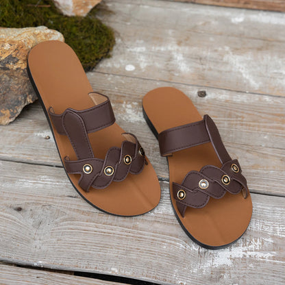 Sandales plates pour femmes estivales Sandales confortables à enfiler pour la plage, décontractées, à bout ouvert avec boucle à la mode