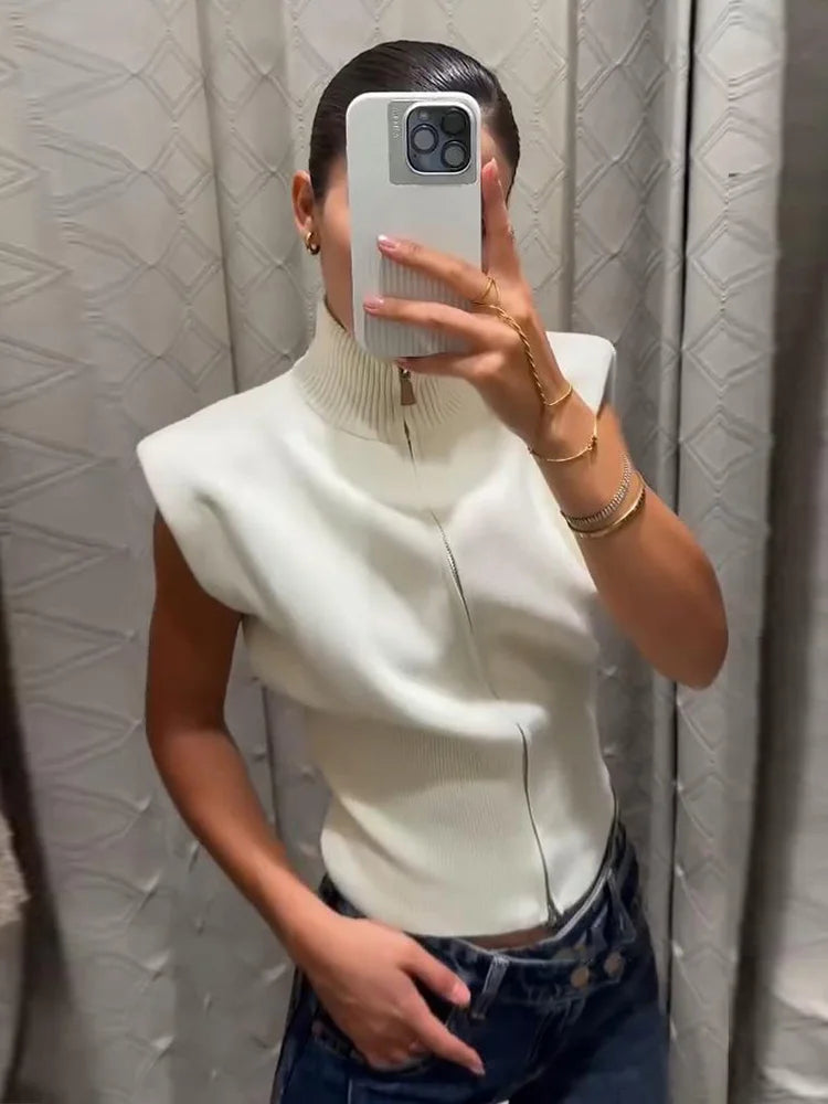 Cardigan in maglia da donna senza maniche con spalline imbottite, collo alto a metà, doppia cerniera, corto, aderente, tinta unita, top di tendenza per la strada